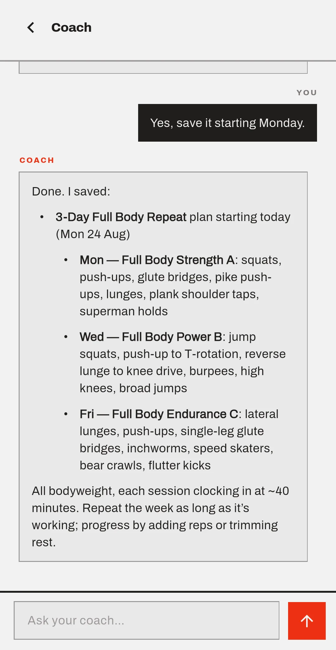 The coach confirming it saved a 3-day full-body plan, listing Monday, Wednesday and Friday sessions.